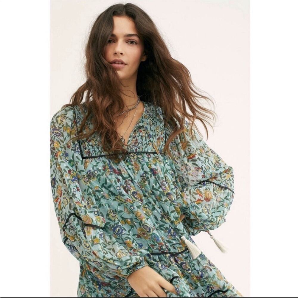 Free People Green Multicolor Floral Smocked Boho Fall Balloon Sleeve Mini L - Picture 2 of 9